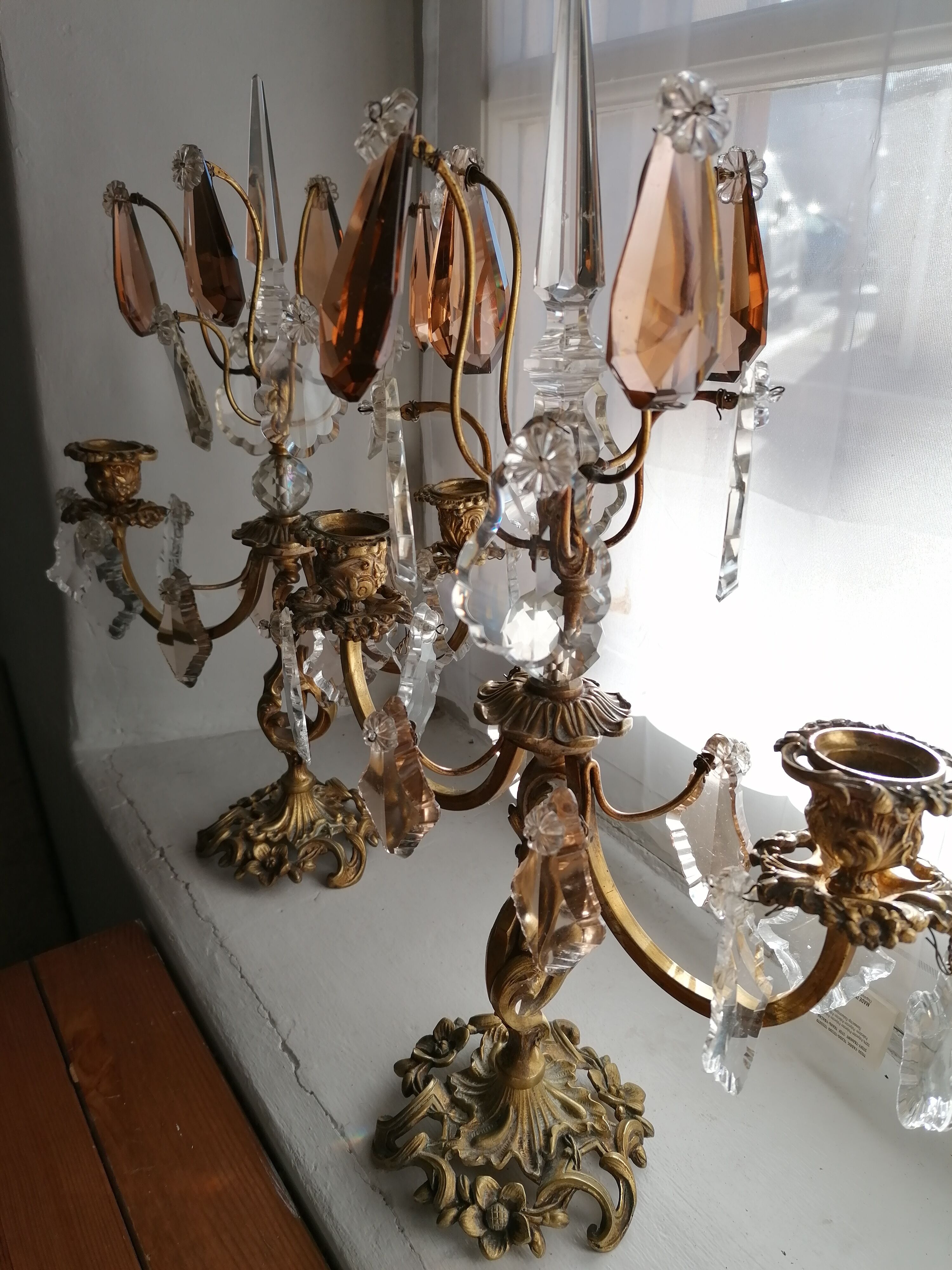 Pair of girandoles, candlesticks with crystal tassels