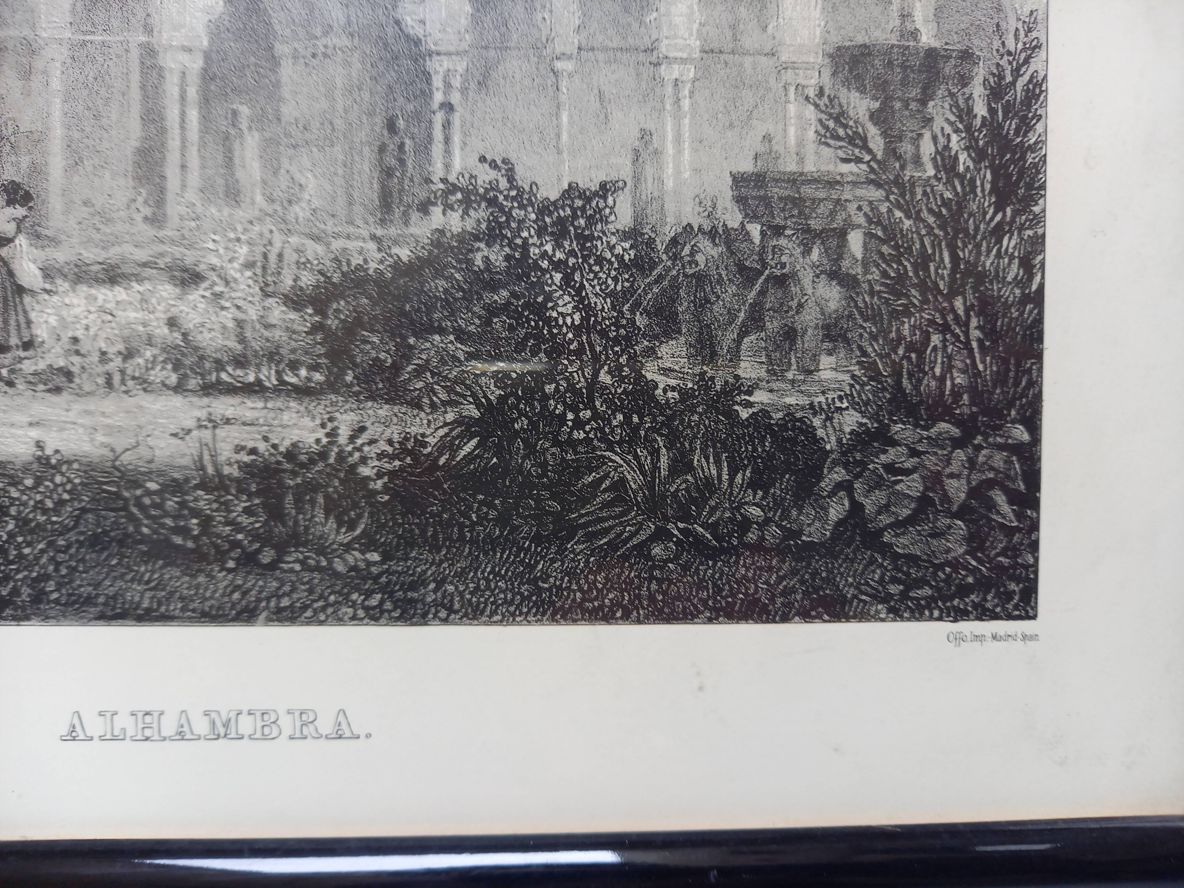 Antique engraving, Court of the Lions, Alhambra, Granada, Spain