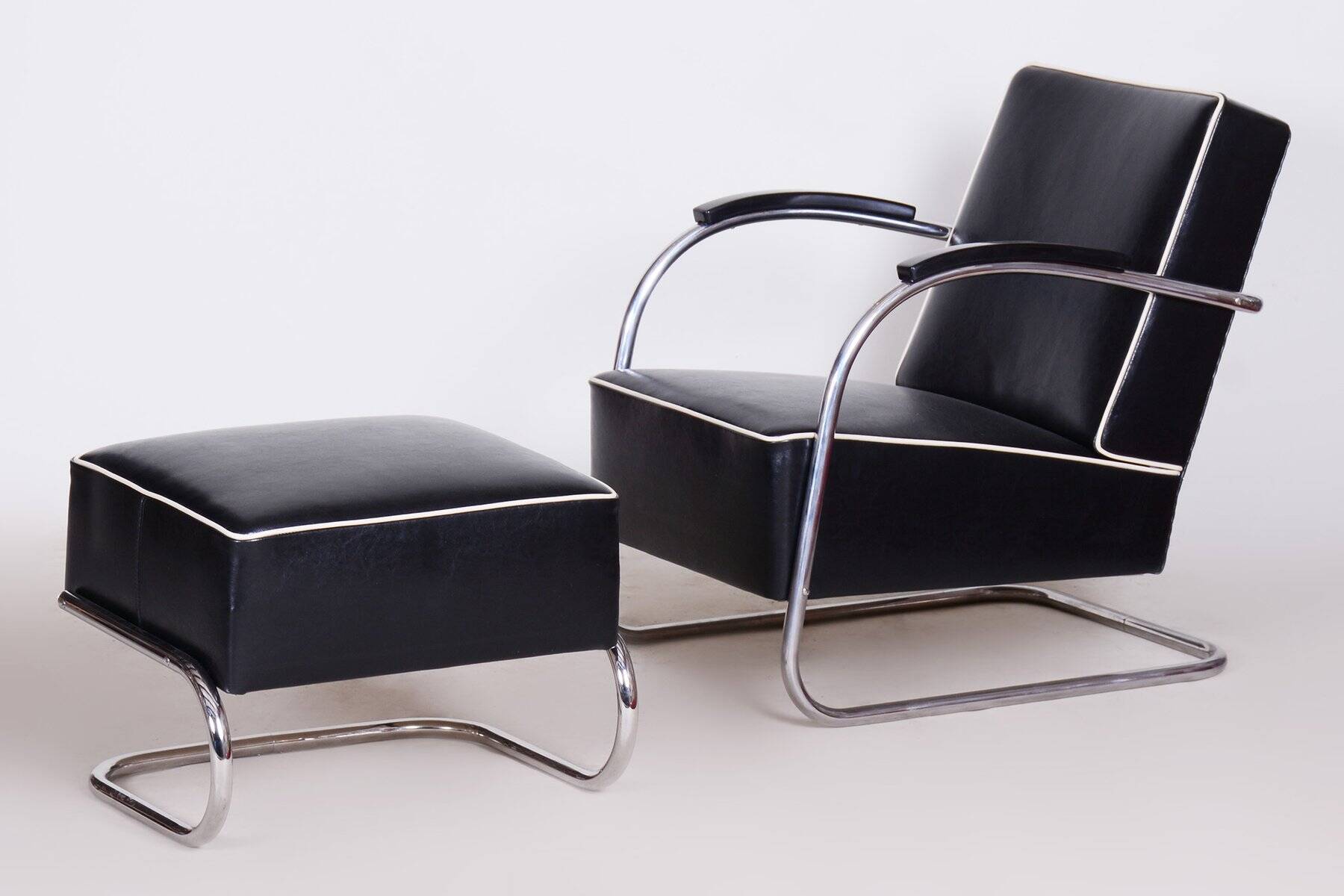Bauhaus Armchair with Stool in Chrome attributed to Mücke-Melder, Czech, 1930s, Set of 2
