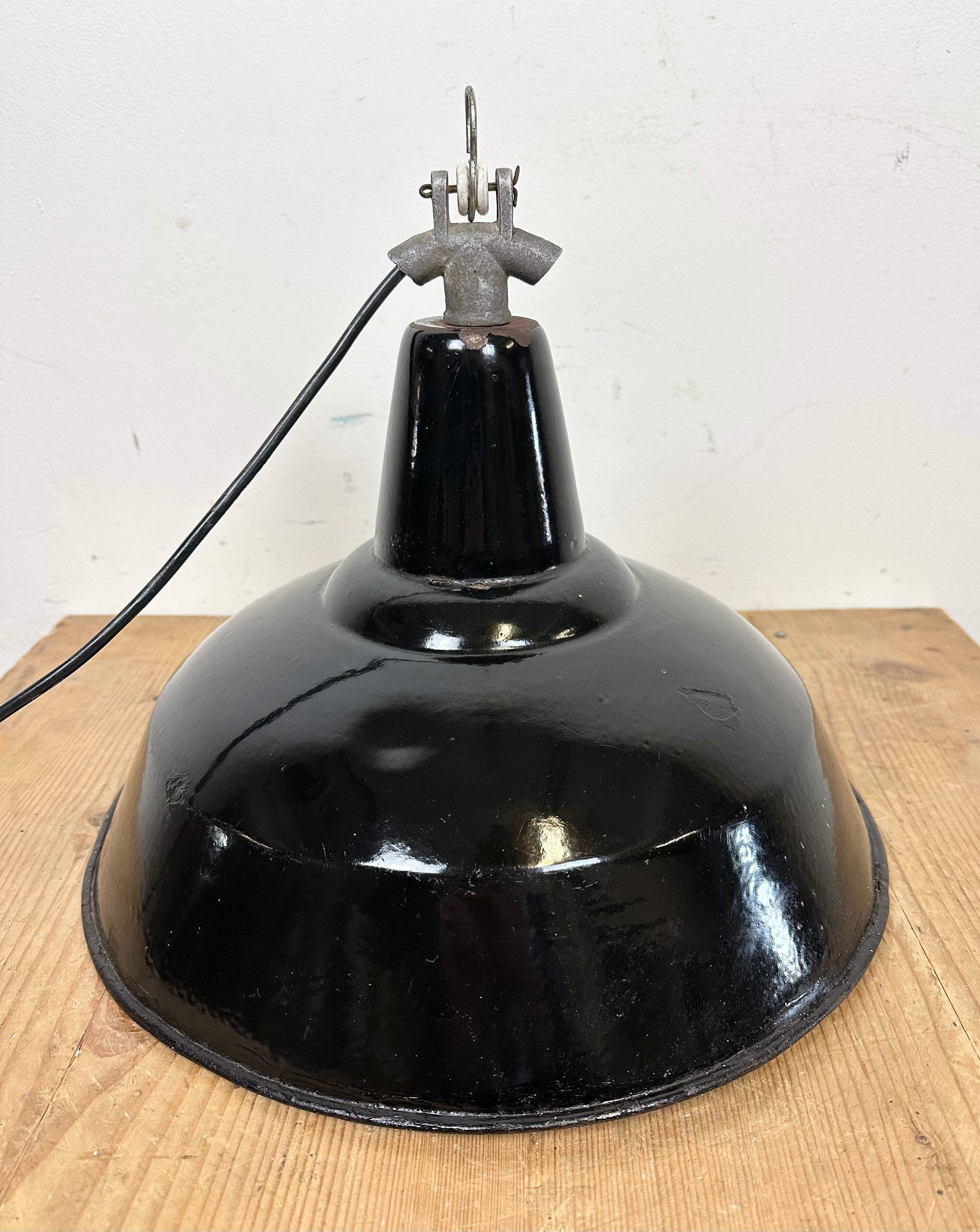 Industrial Black Enamel Factory Lamp with Cast Iron Top, 1960s