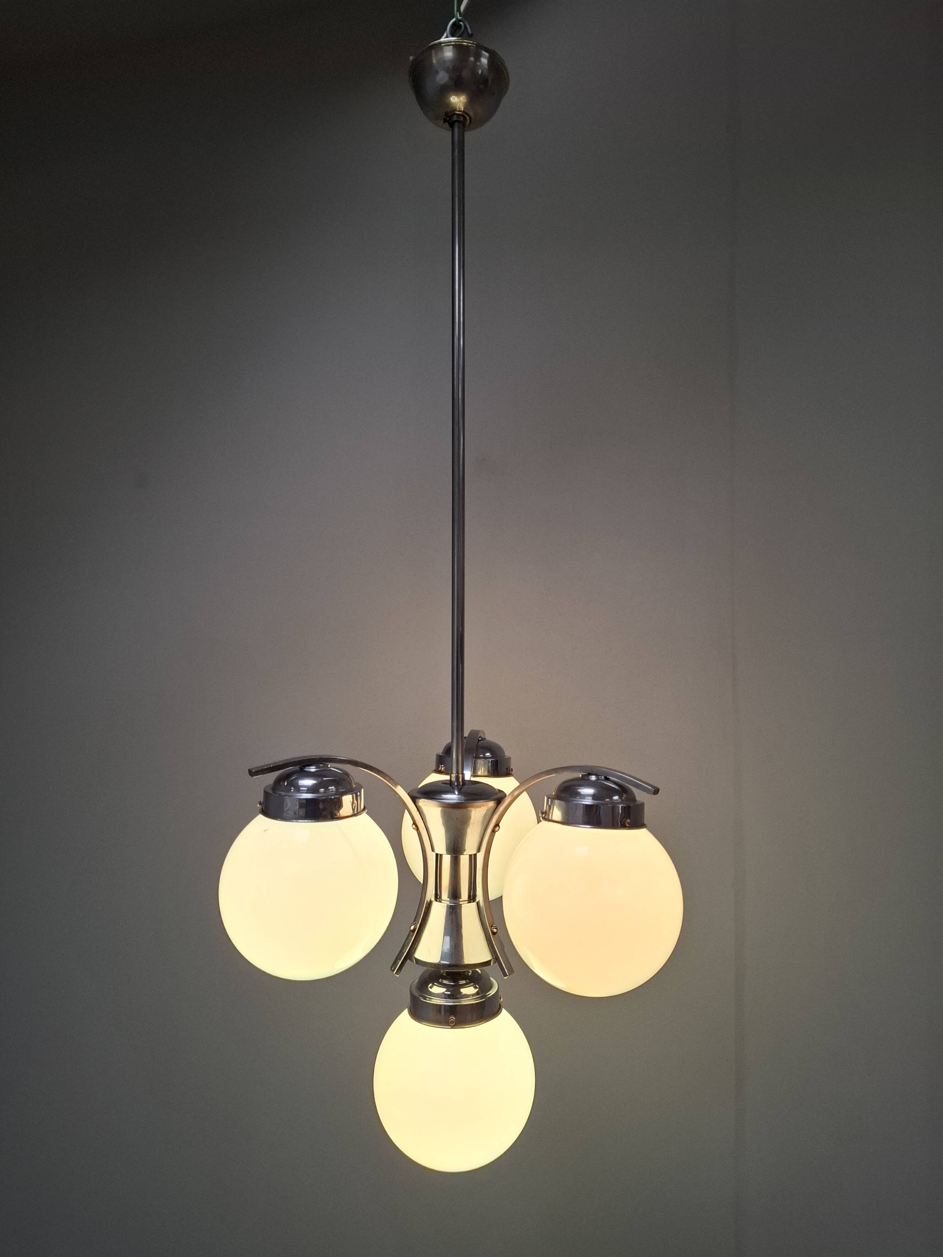 1930s Czech Art Deco Blue Opaline Glass and Chrome Four-Light Chandelier