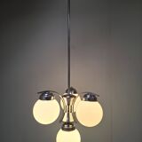 1930s Czech Art Deco Blue Opaline Glass and Chrome Four-Light Chandelier