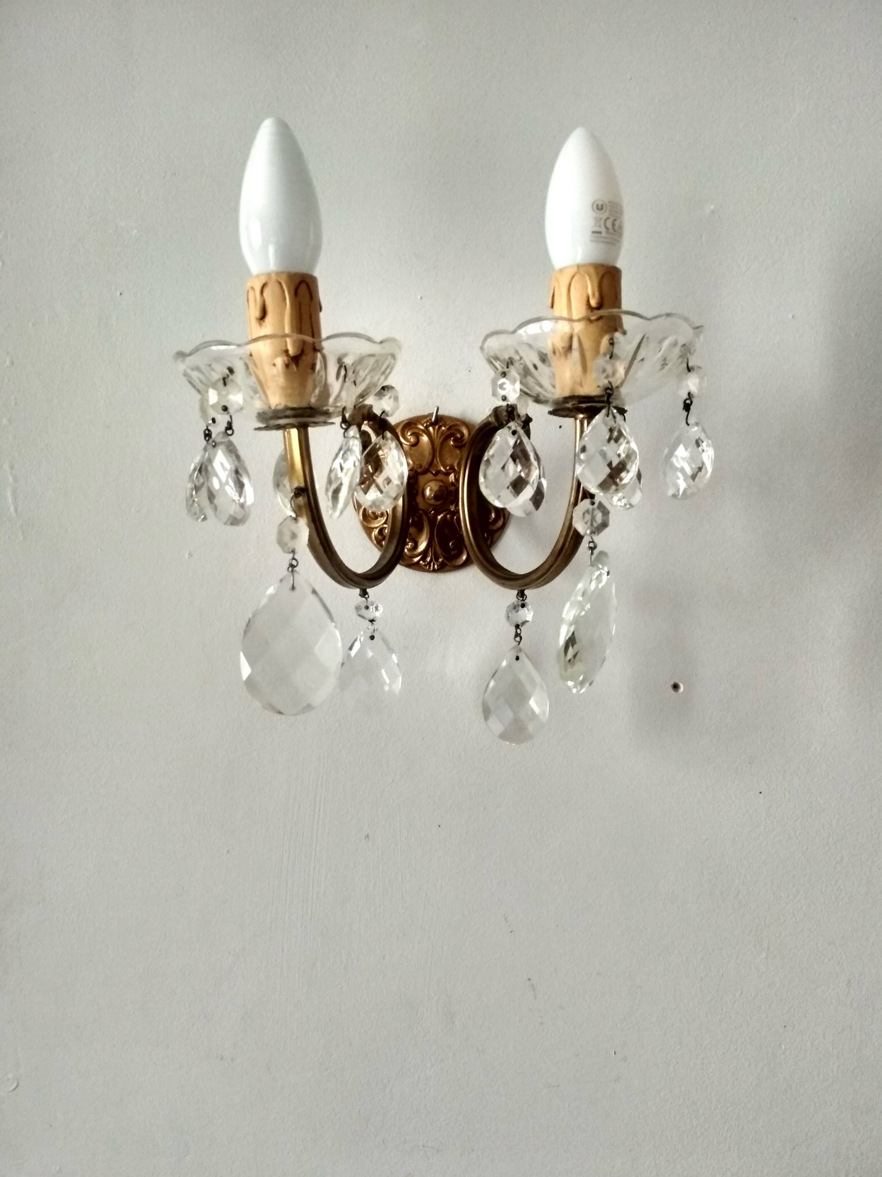 Golden brass wall light and crystal pendants - 2-light rococo light