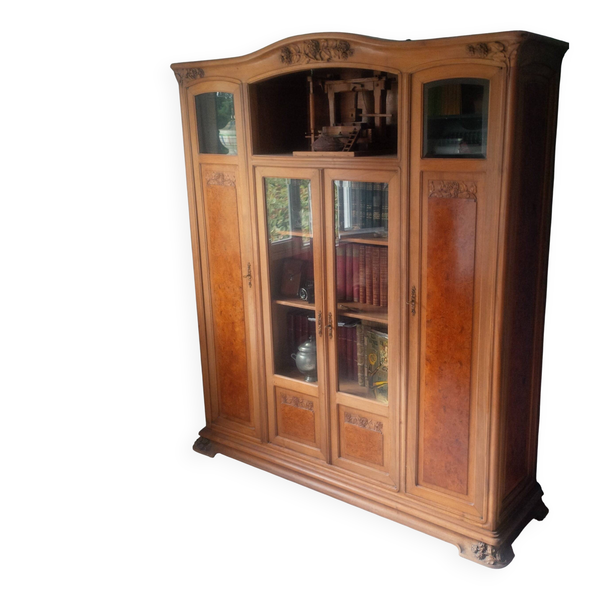 Art Nouveau glass library in walnut burl