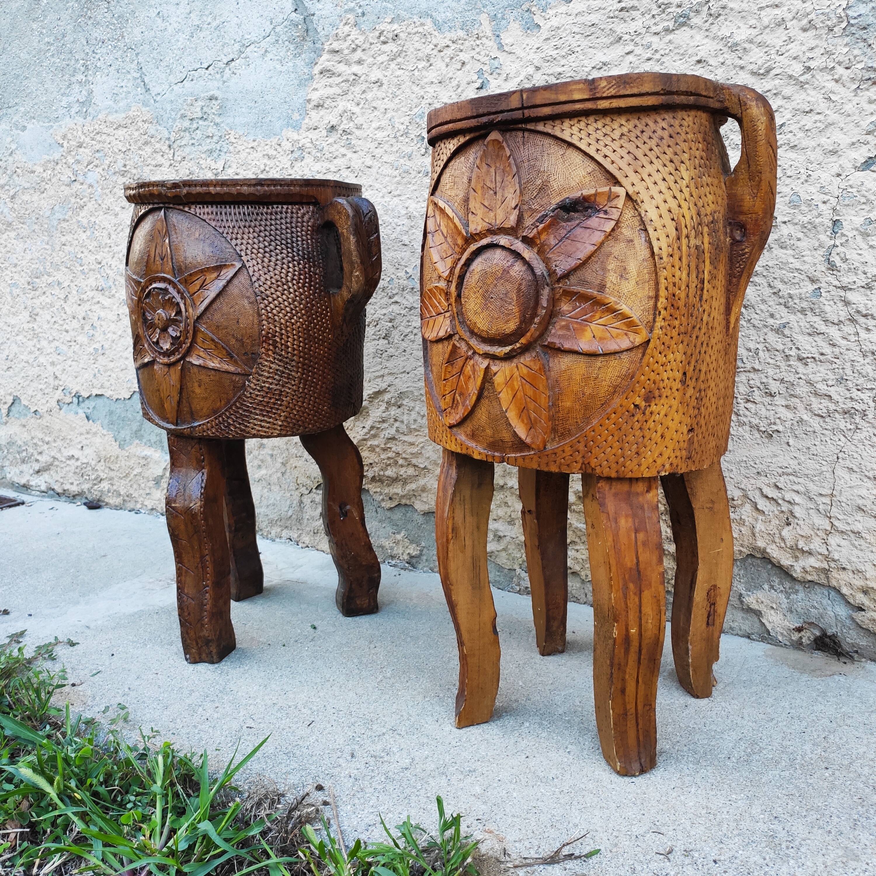 Pair of antique brutalist planters, Savoyard folk art