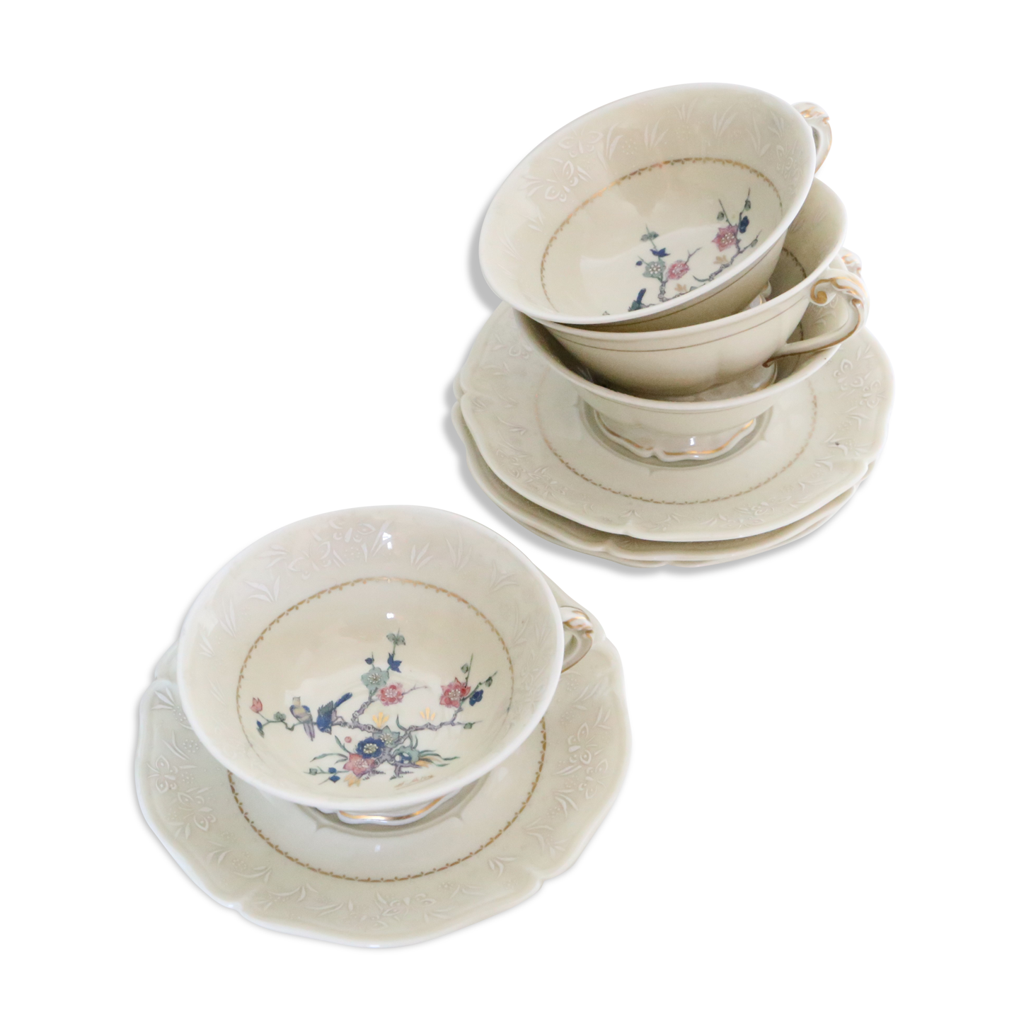 Set of 4 tea cups, porcelain Old Royal Factory of Limoges, Vintage