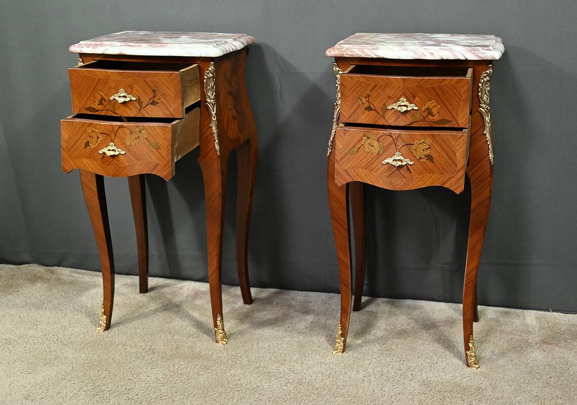 Pair of marquetry bedside tables, Louis XV style – 1960