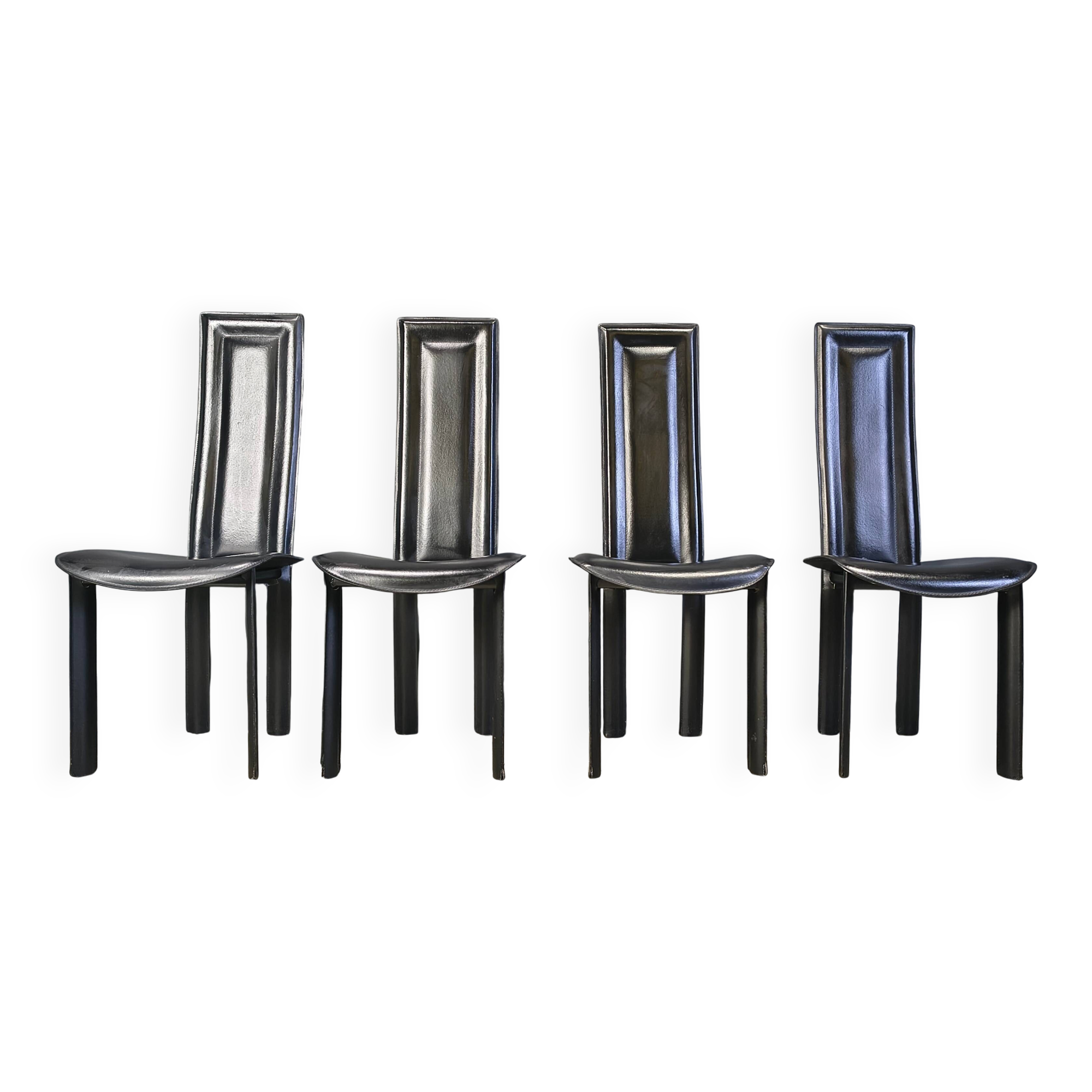 Vintage black leather dining chairs, set of 4, 1980s