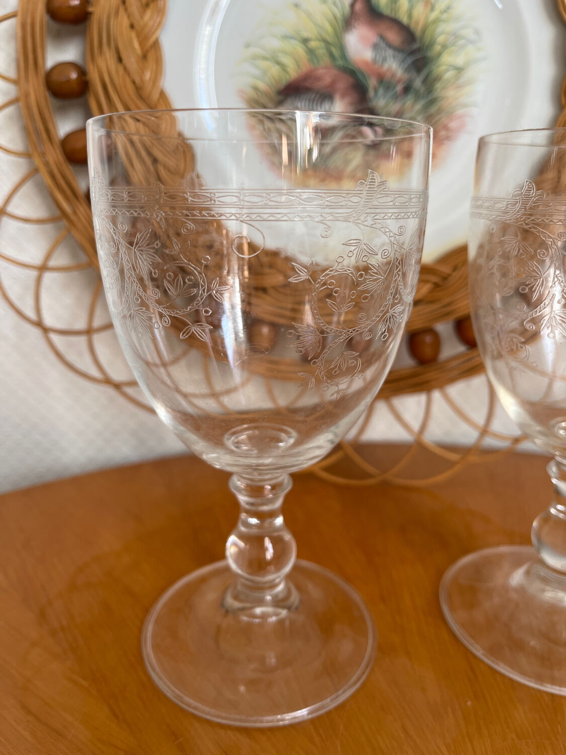 Set of two engraved glass wine glasses