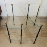 2 small side tables in glass and Bakelite with gold nuts from the 1960s.
