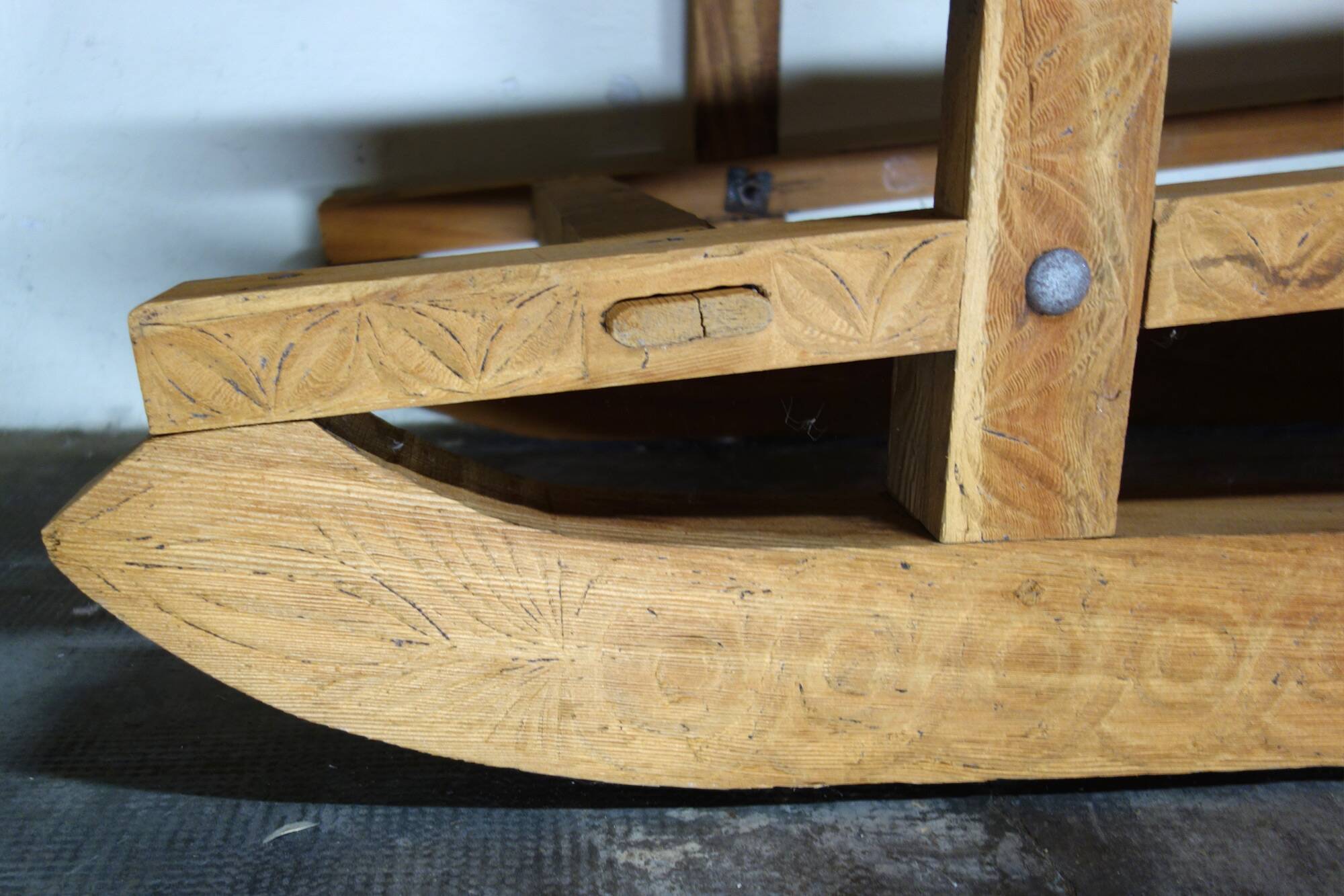 Large 19th century sculpted sled coffee table, folk art, France