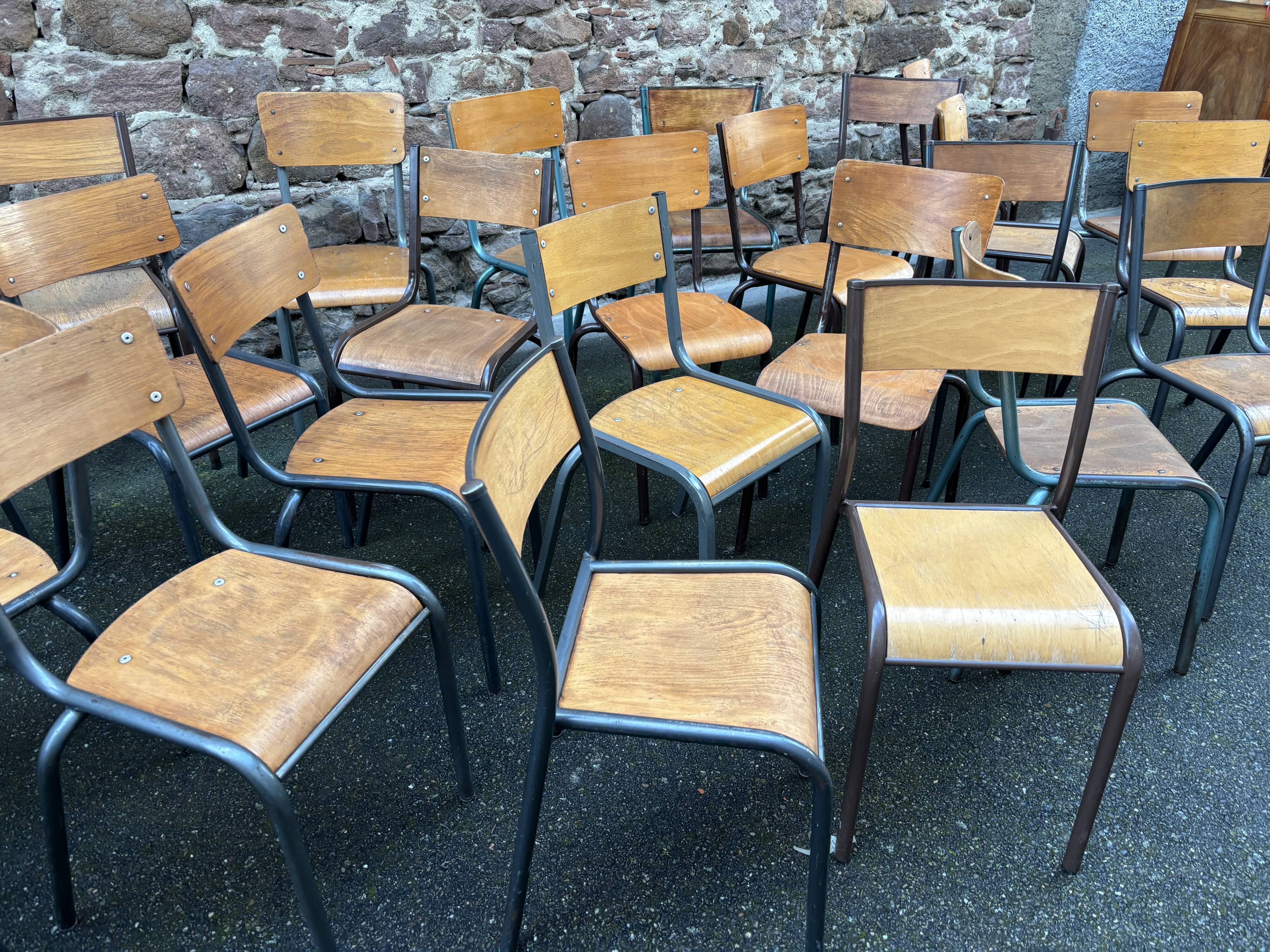 30 mismatched vintage industrial school chairs MULLCA tube & wood