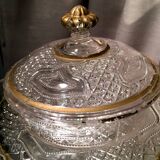 Butter dish or candy dish in pressed glass molded with golden rim