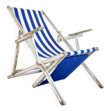 Chaise longue - Transat ancien en tissu rayé bleu et blanc