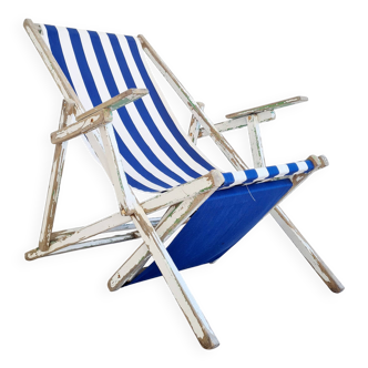 Chaise longue - Transat ancien en tissu rayé bleu et blanc