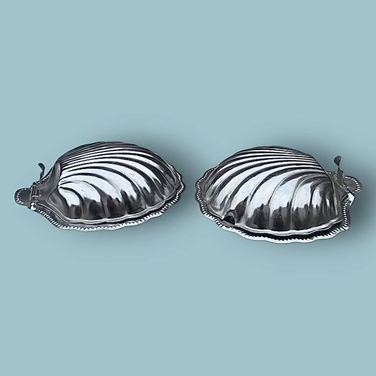 Pair of vintage shell-shaped butter dishes – stainless steel and glass
