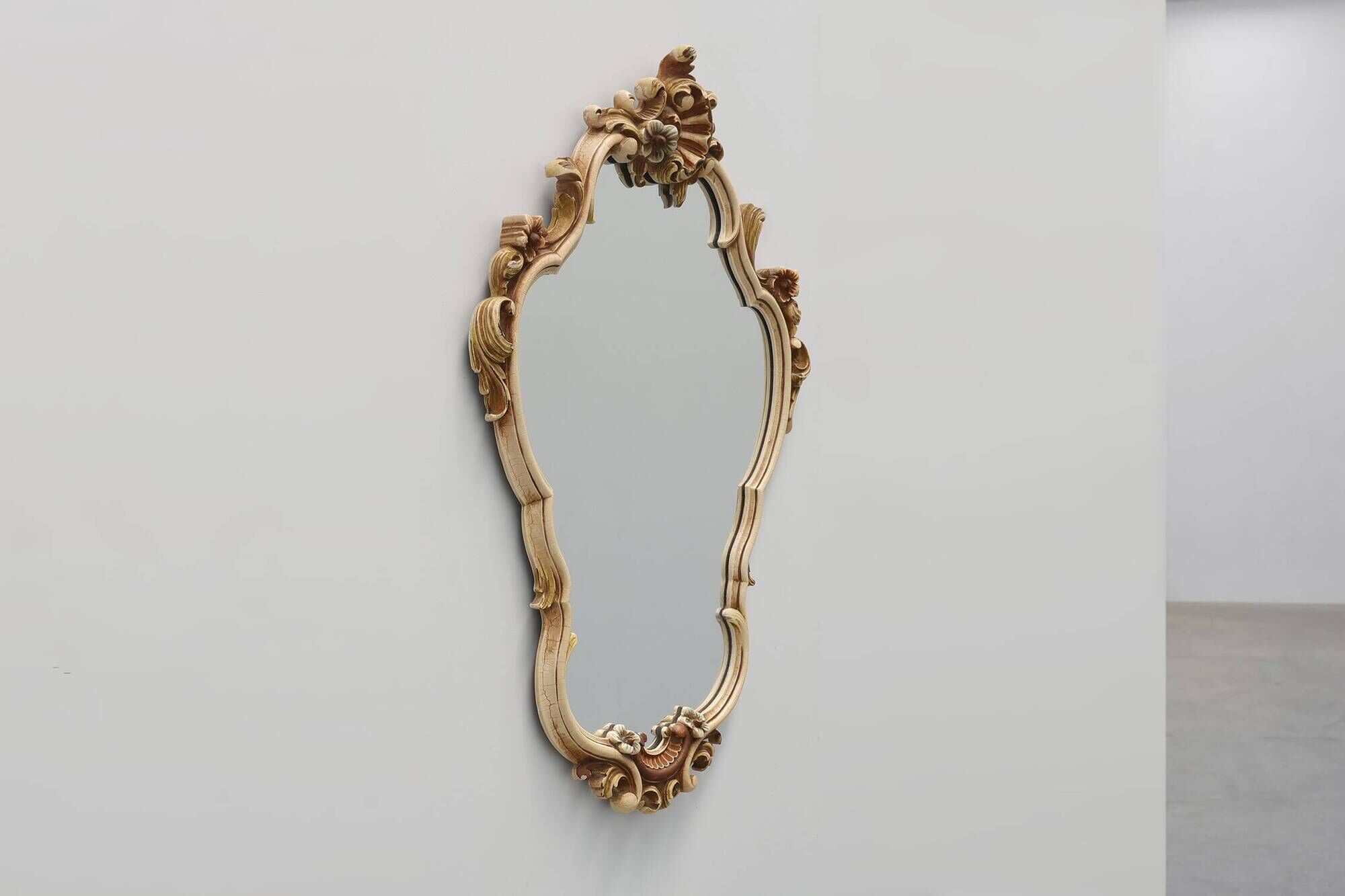 Italian Rococo Style Cream and Gilt Wall Mirror with Shell Crest, 20th Cent