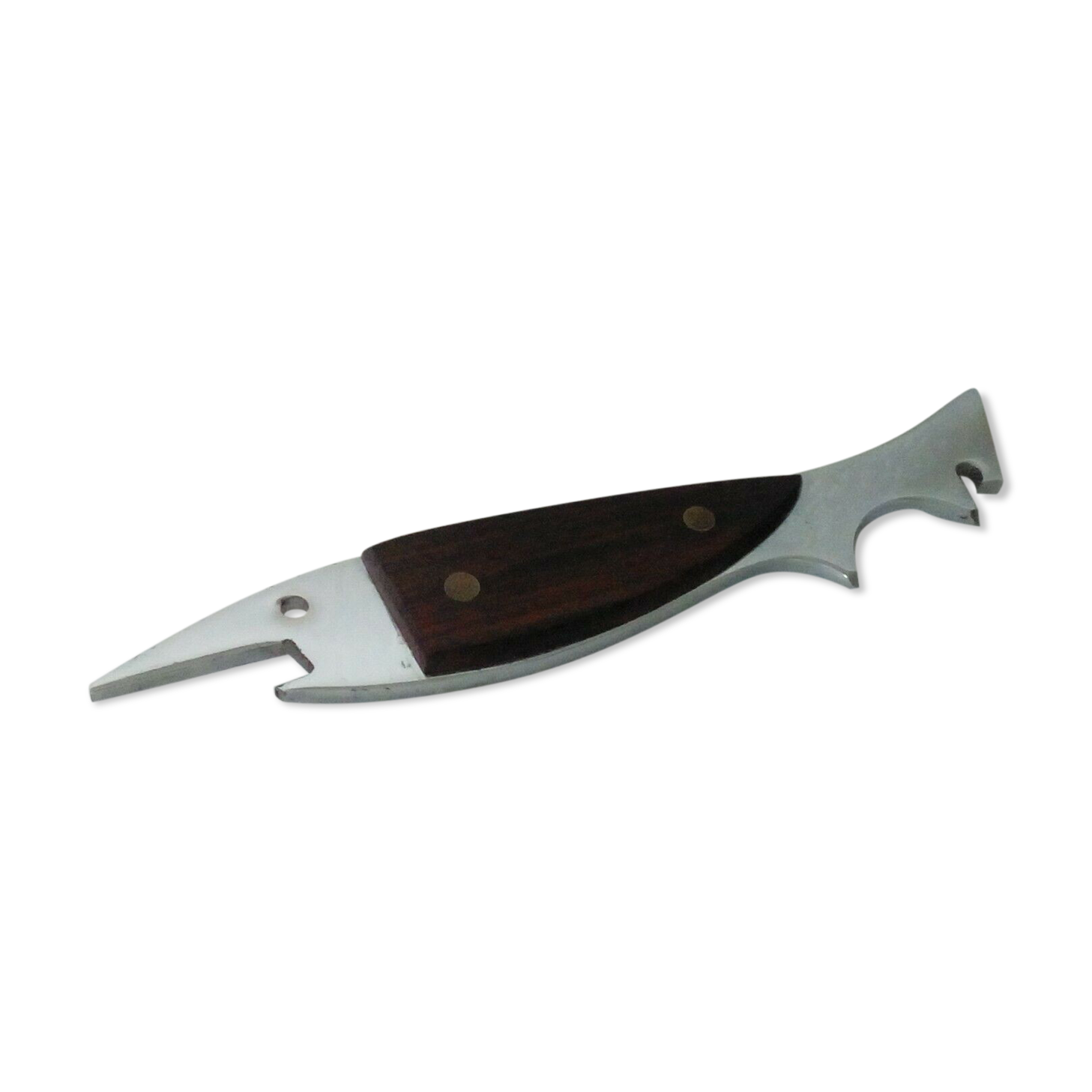 Decapsuleur en chrome et bois en forme de poisson esturgeon