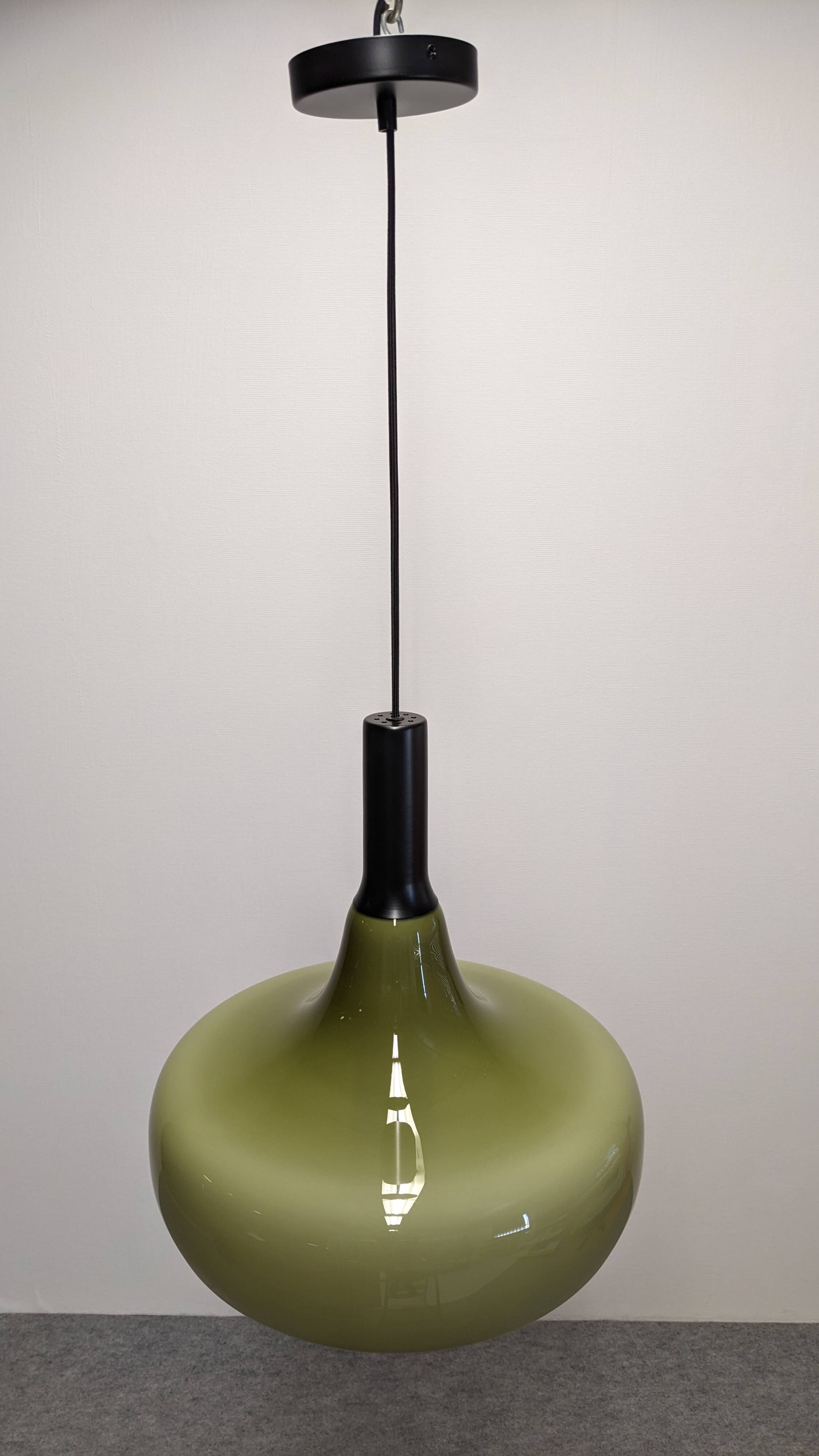 XL olive green opaline water drop pendant light from the 60s/70s