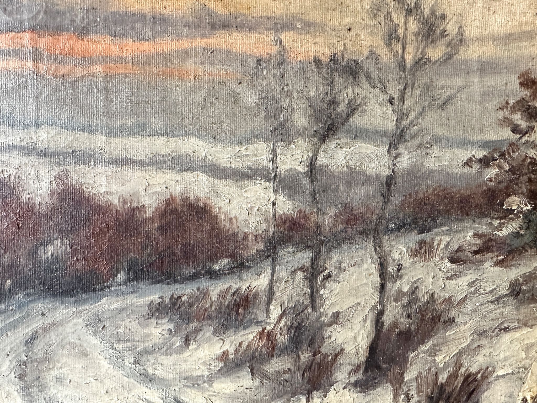 Oil on canvas of a winter landscape at dusk 1900, snow in the countryside.