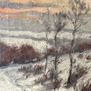 Oil on canvas of a winter landscape at dusk 1900, snow in the countryside.