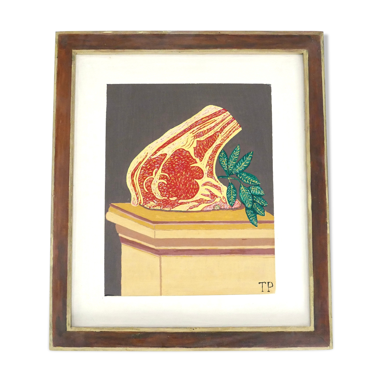 Painting, naïve painting signed: Still life, butcher's piece, 60s