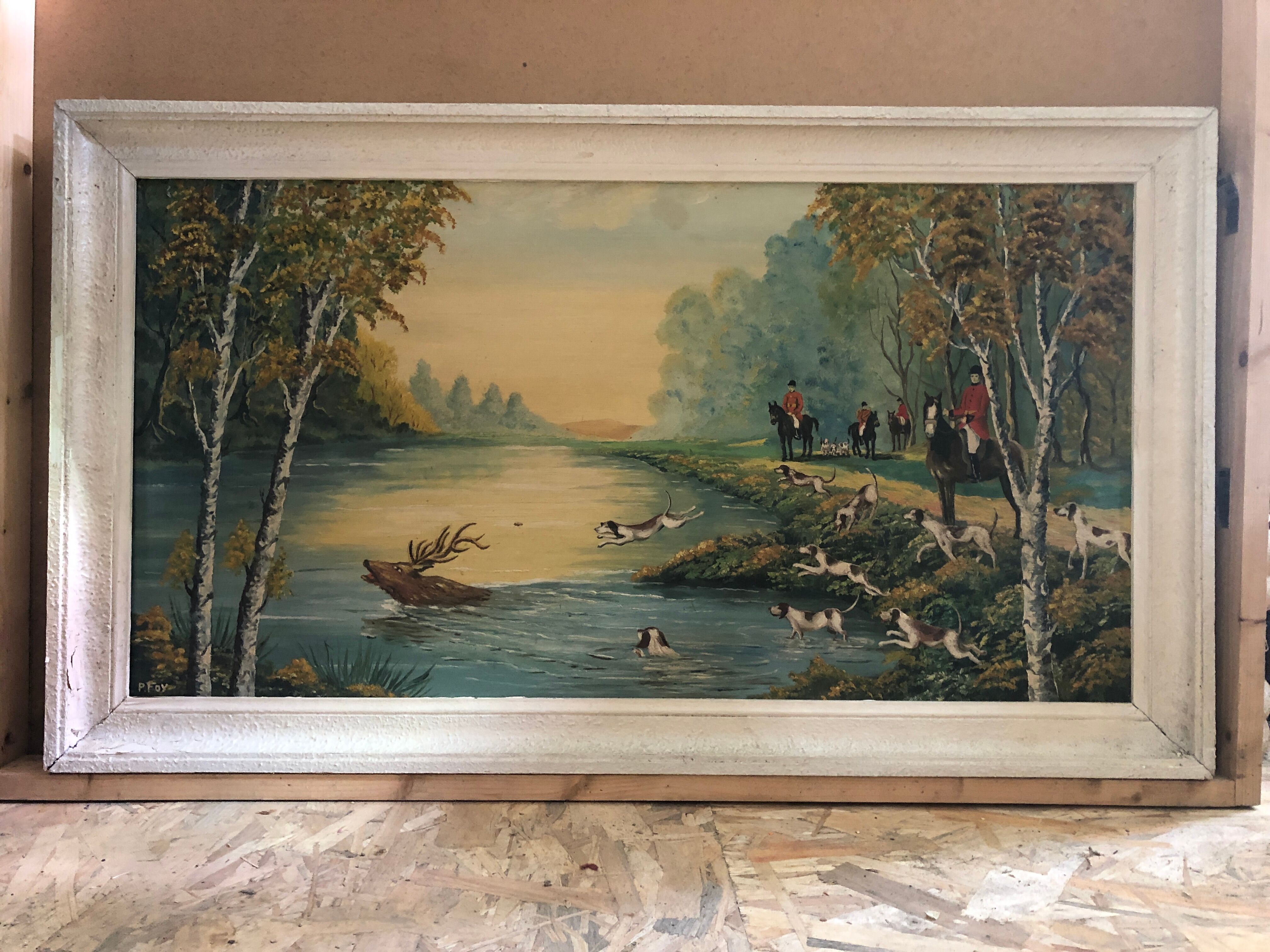 Old painting oil on panel p. foy hunting to court + frame wood white vintage