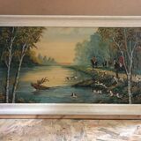 Ancien tableau huile sur panneau p. foy chasse à cour + cadre bois blanc vintage