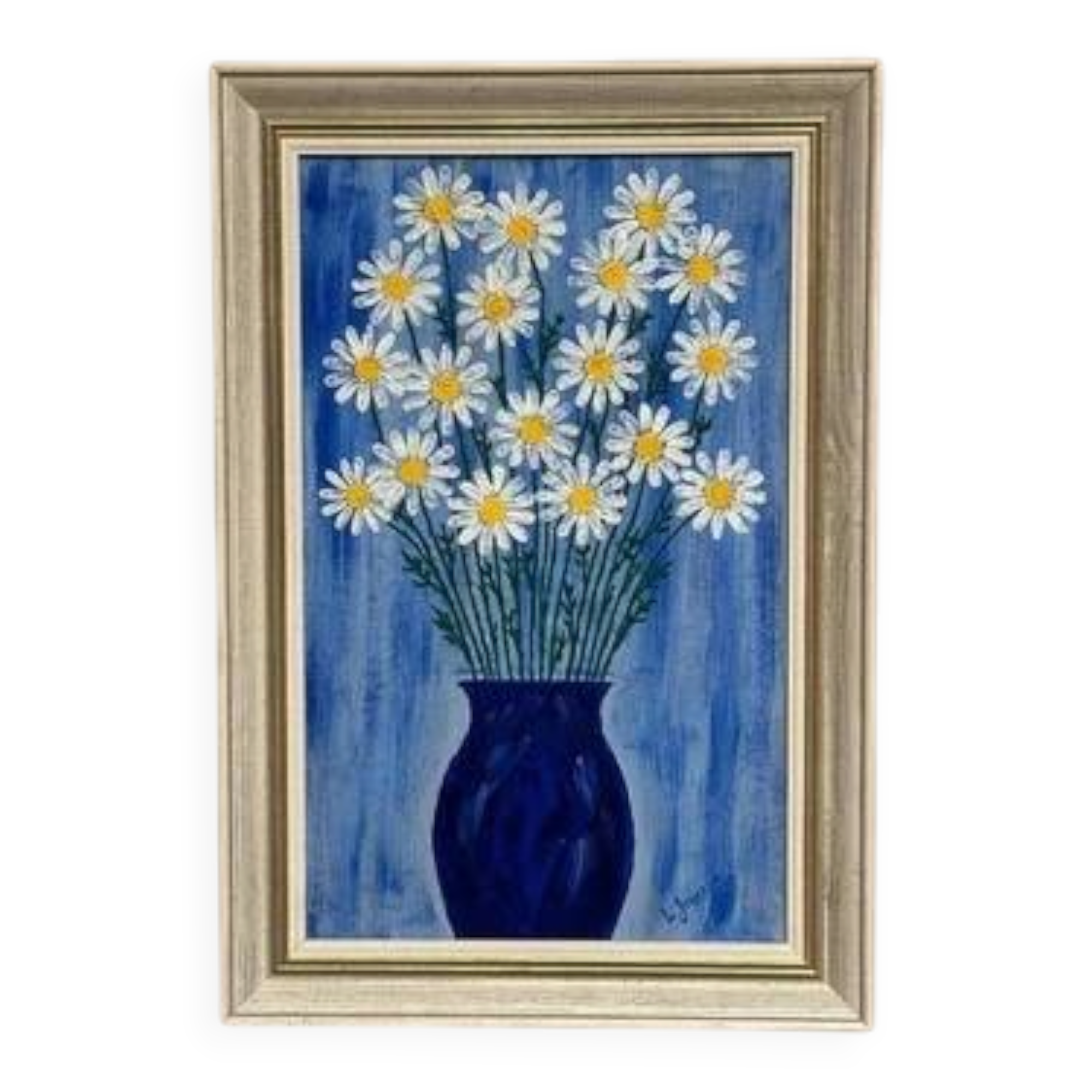 Swedish Oil on Canvas “Blue vase with flowers” by L jonsson Vintage 45x31cm
