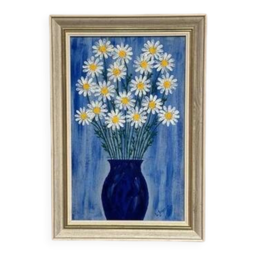 Huile sur toile suédoise « Vase bleu avec des fleurs » par L. Jonsson Vintage 45x31cm