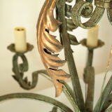 8-branch wrought iron chandelier with gray-green patina and antique gilding
