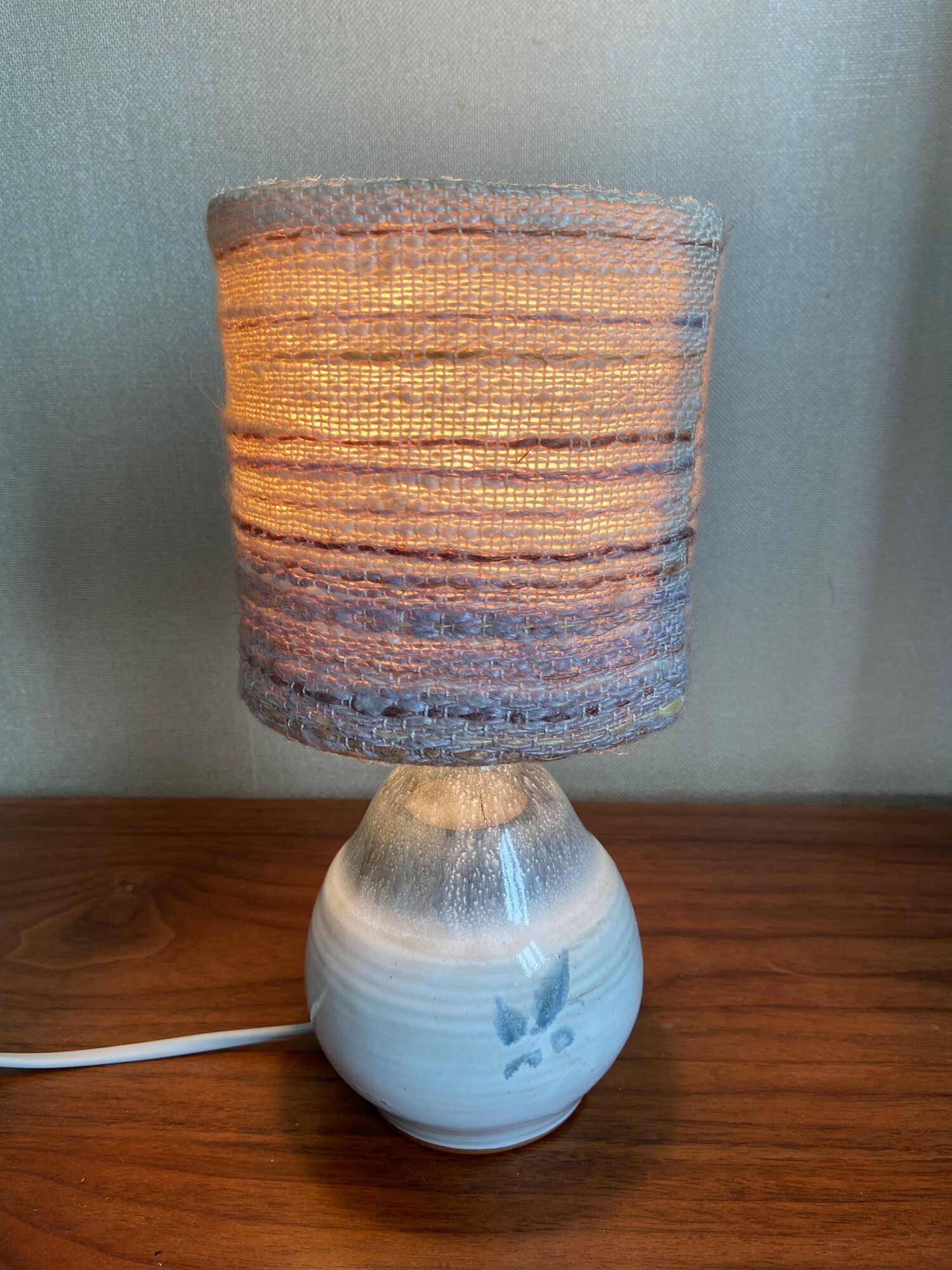 Stoneware bedside lamp with woven wool lampshade, 70s