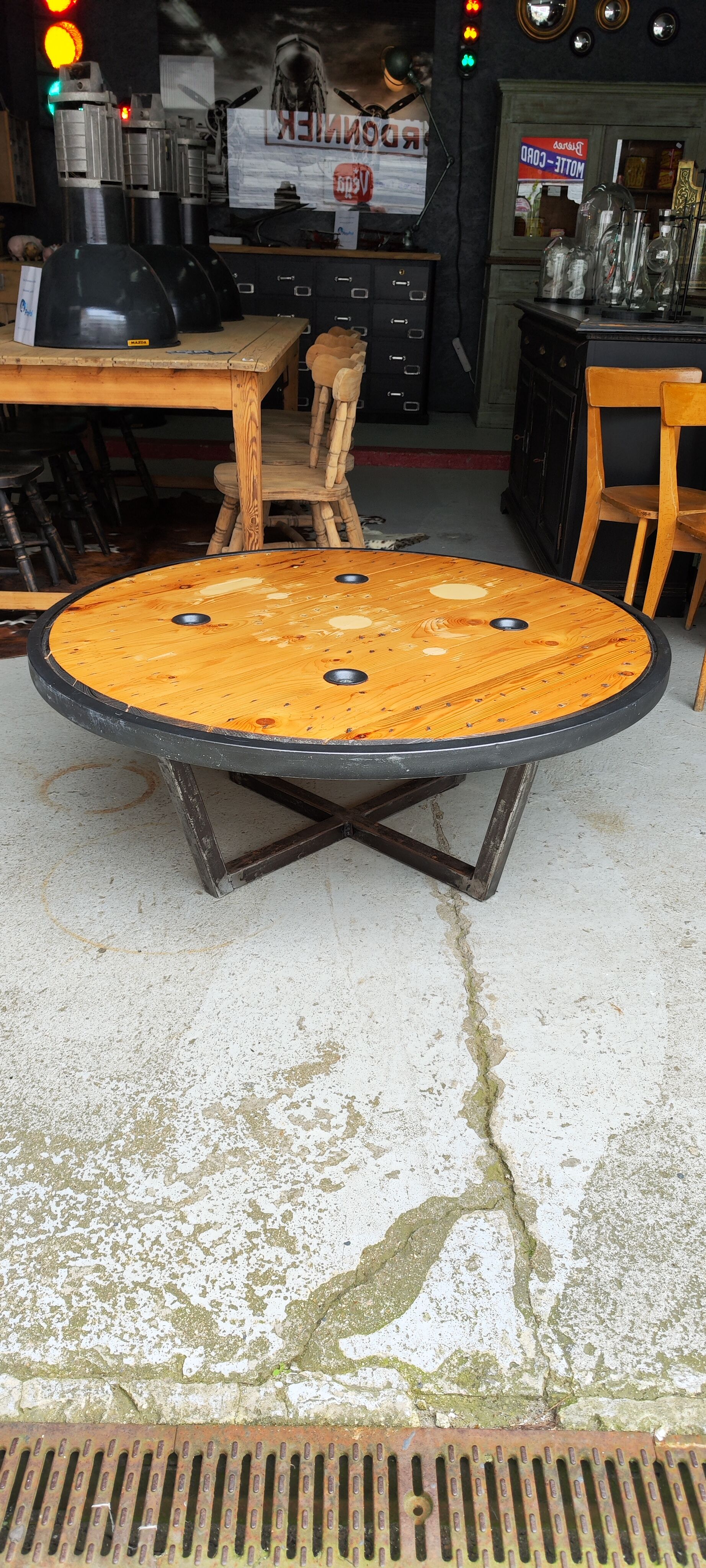 Large industrial coffee table metal and wood drum