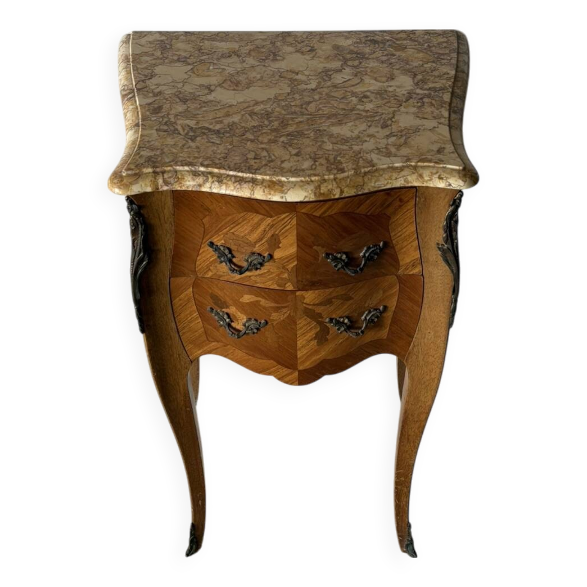Small curved Louis XV style piece of furniture – marquetry and marble top