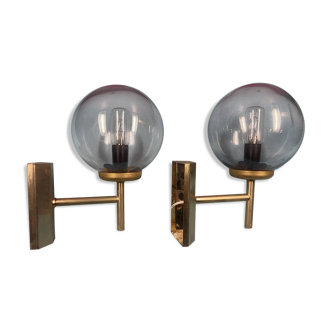 PAIR of wall lights circa 1970's vintage gold metal and smoked glass