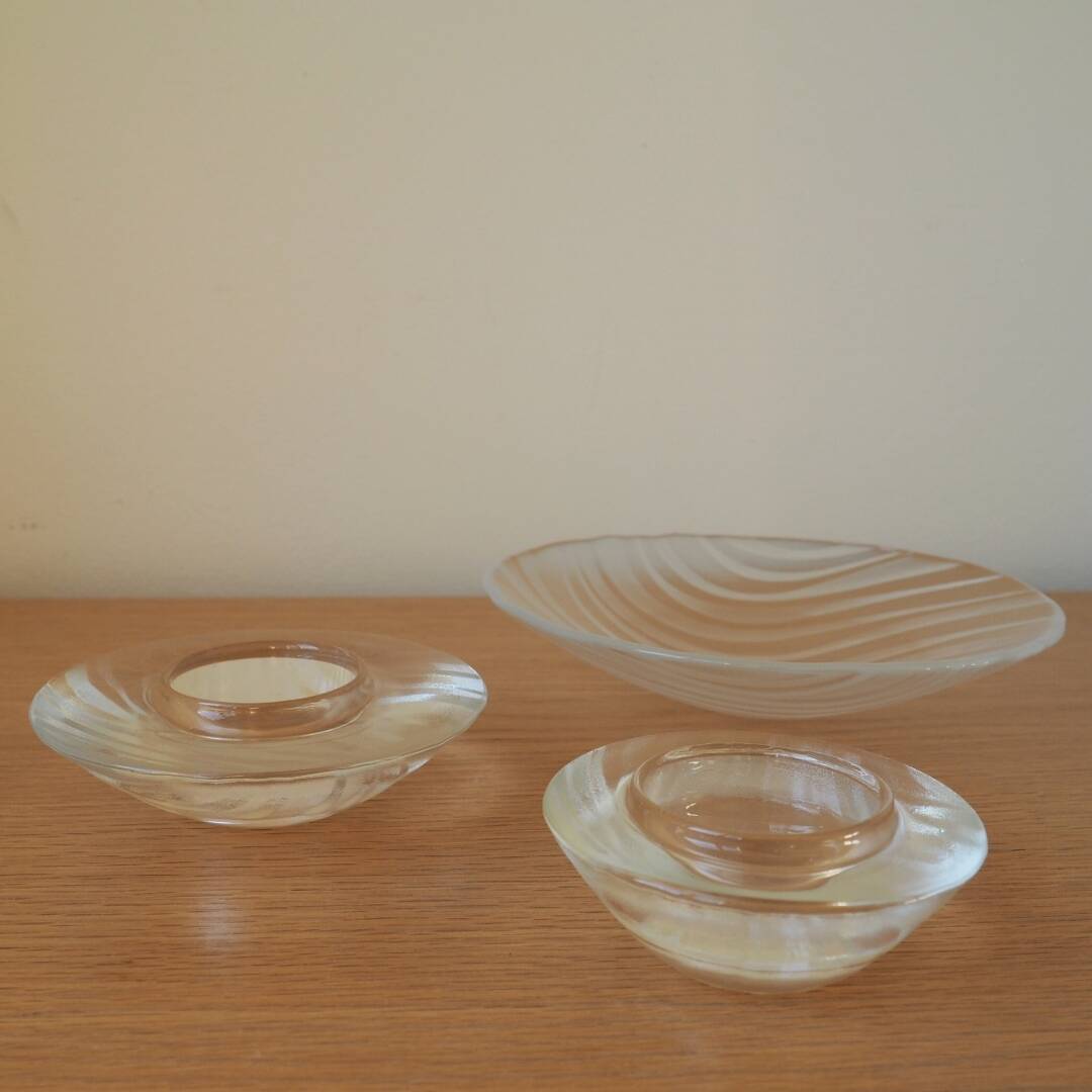 Holmegaard Skagerrak Set Of 3 - 2 Candle Holders, 1 Bowl - 1980S Denmark
