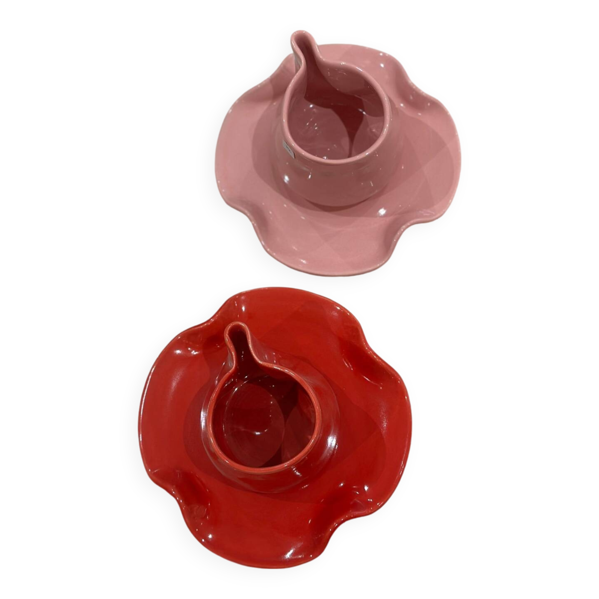Set of ceramic artisan mugs with poppy red water lily design.