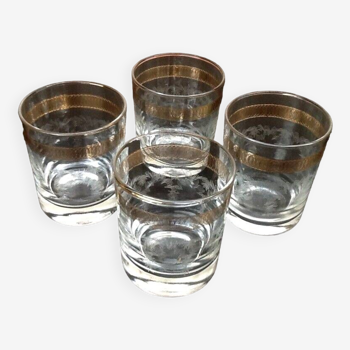 4 verres à whisky verre gravé transparent / frise or années 1960