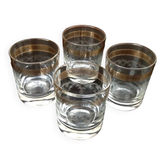 1960s 4 Whiskey Glasses Transparent etched glass / gold frieze