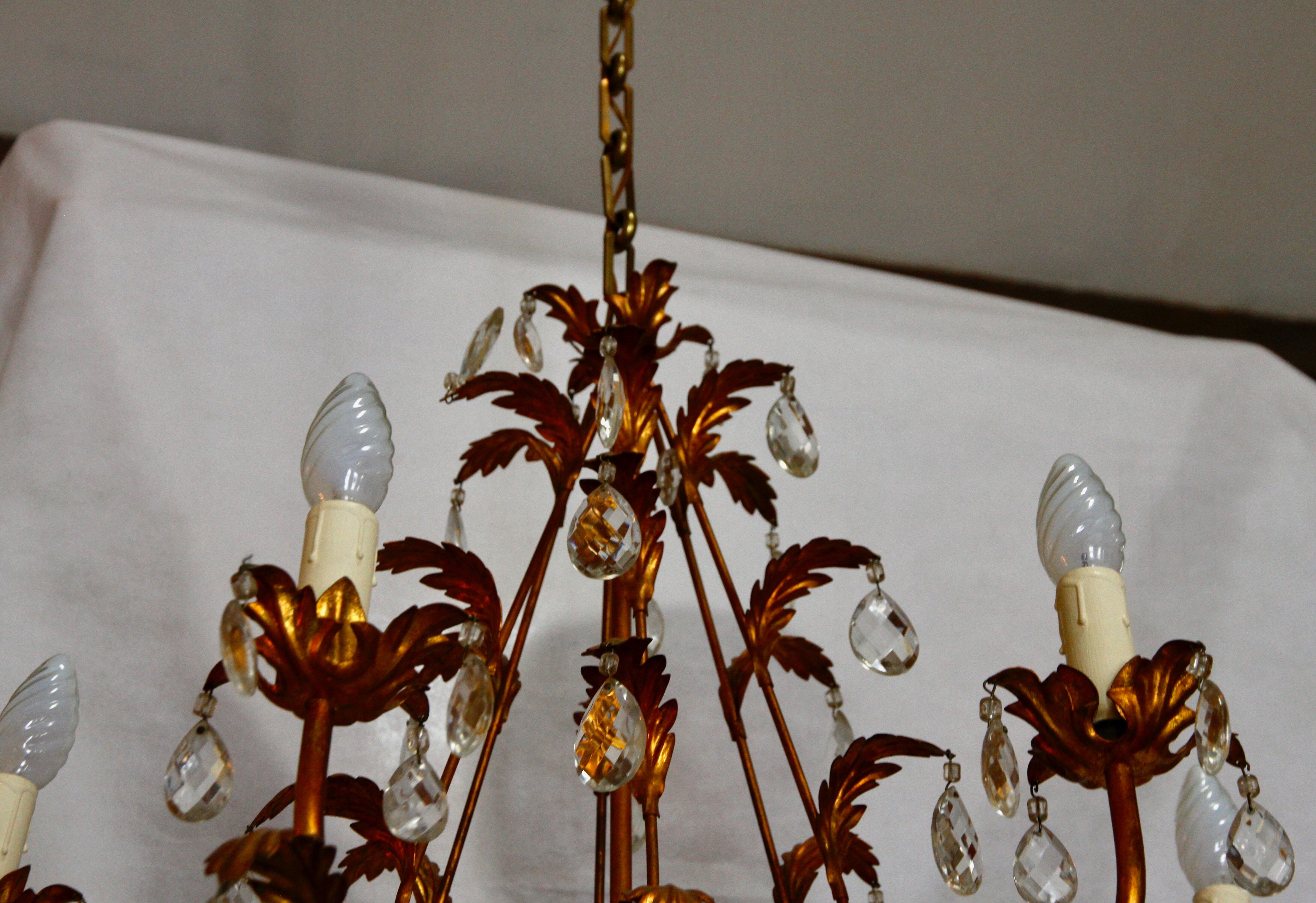 6-light bronze and Bohemian crystal chandelier, early 20th century