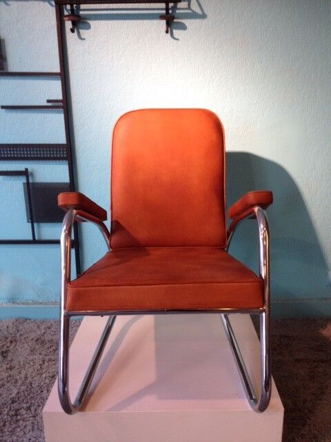 Modernist armchair in leather and chrome - 1940