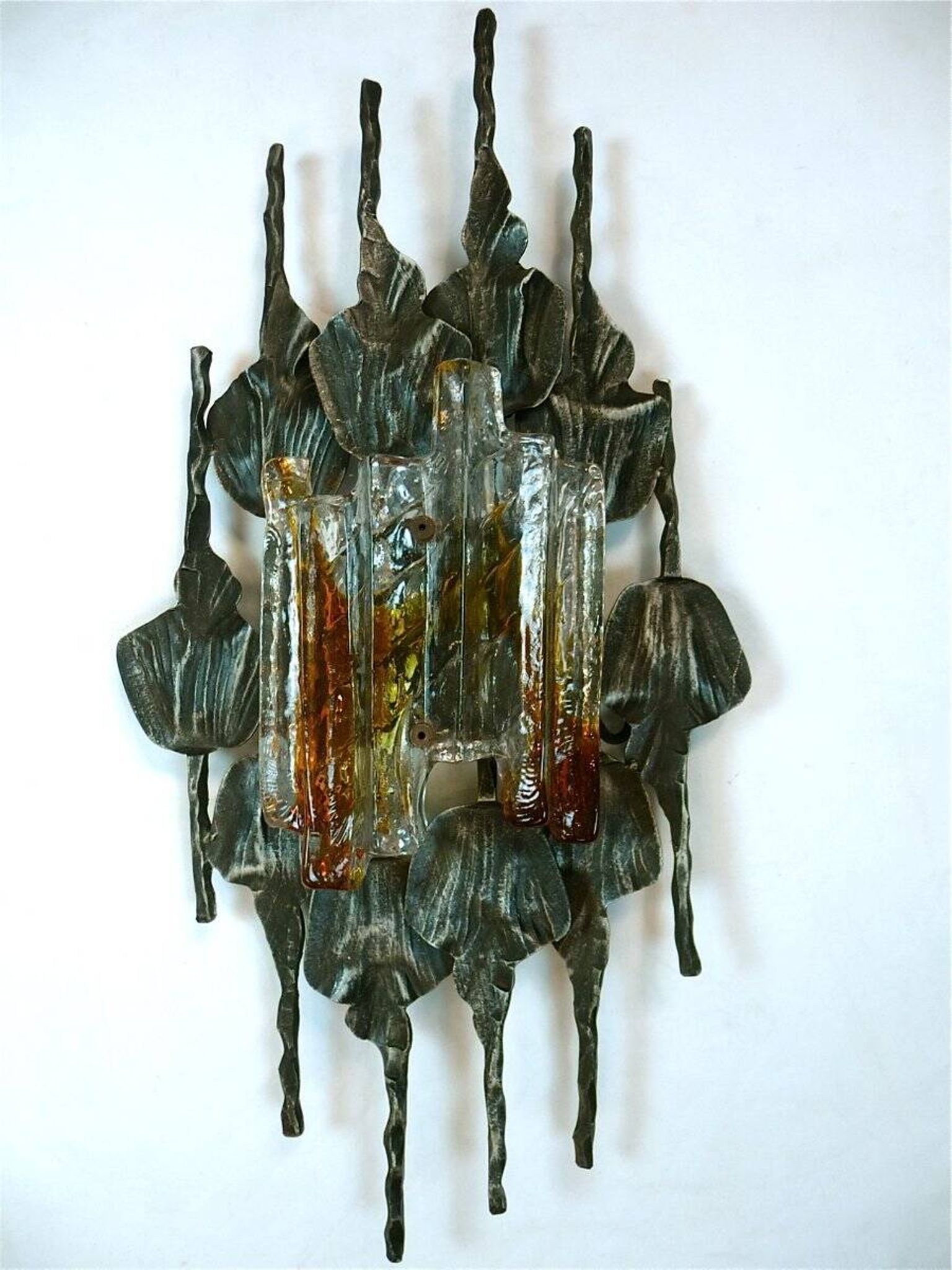 Large brutalist iron & ice Murano glass sconce / wall lamp, 1960s