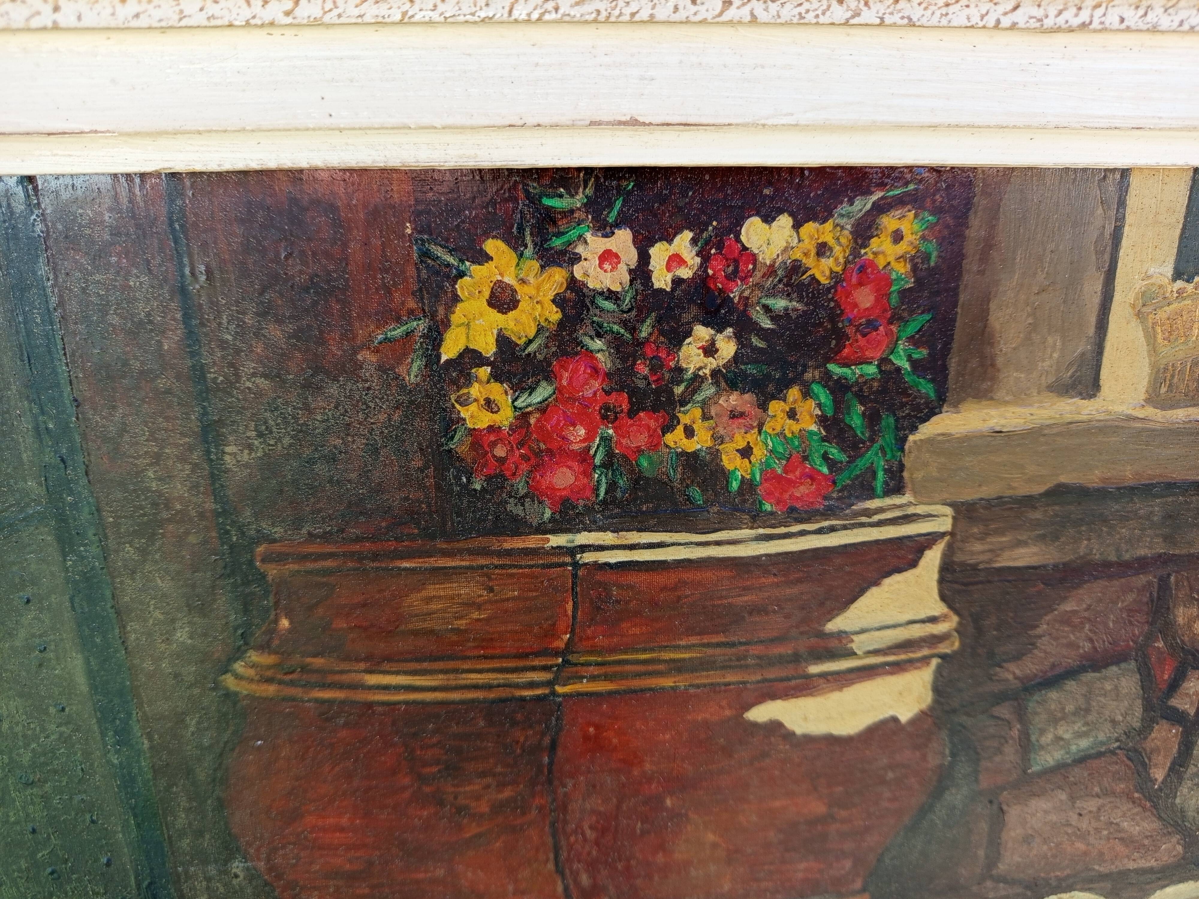 Signed Alphadery Painting – Doves in a Sunlit Courtyard, Antique Frame