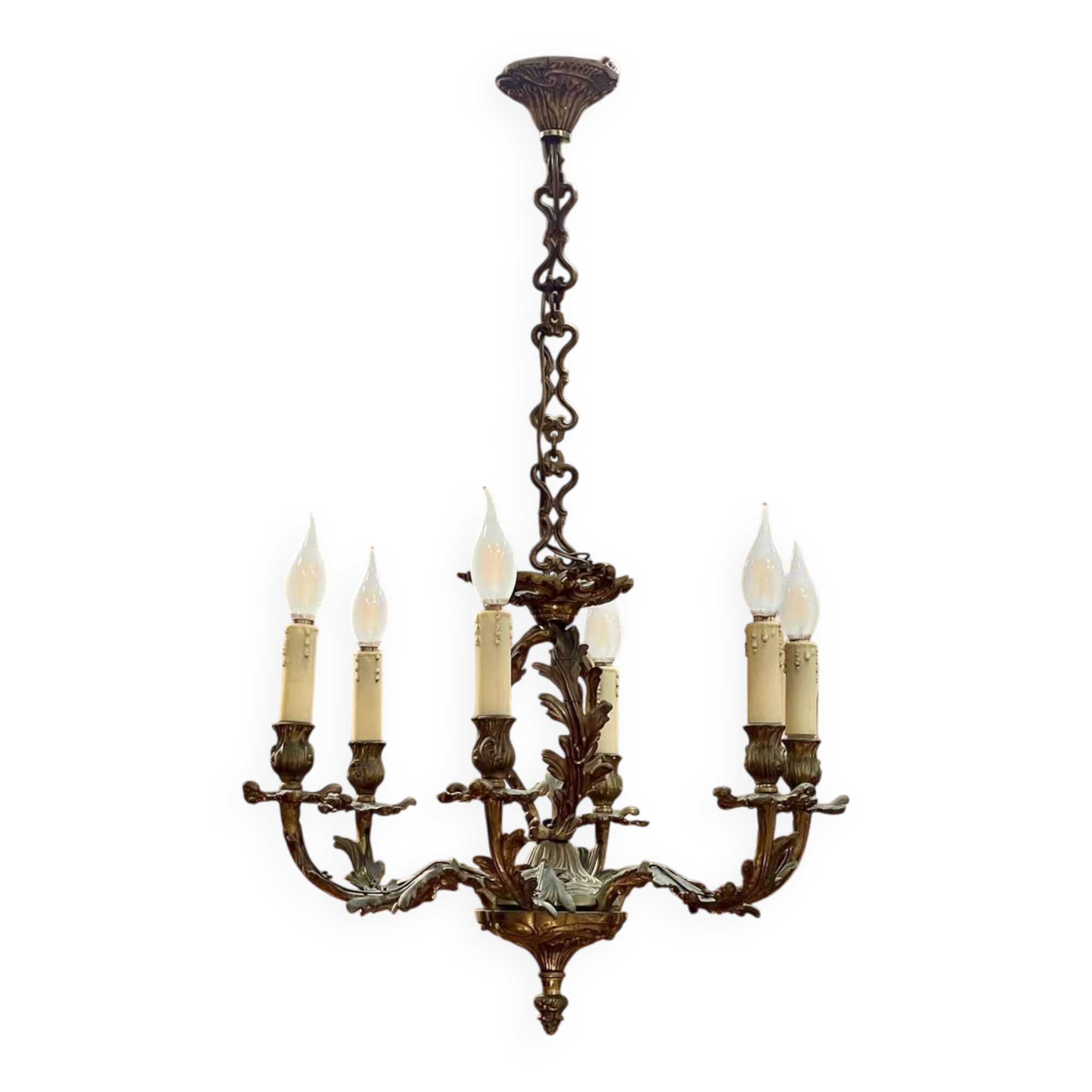 Louis XV style 6-light bronze chandelier from the 1950s