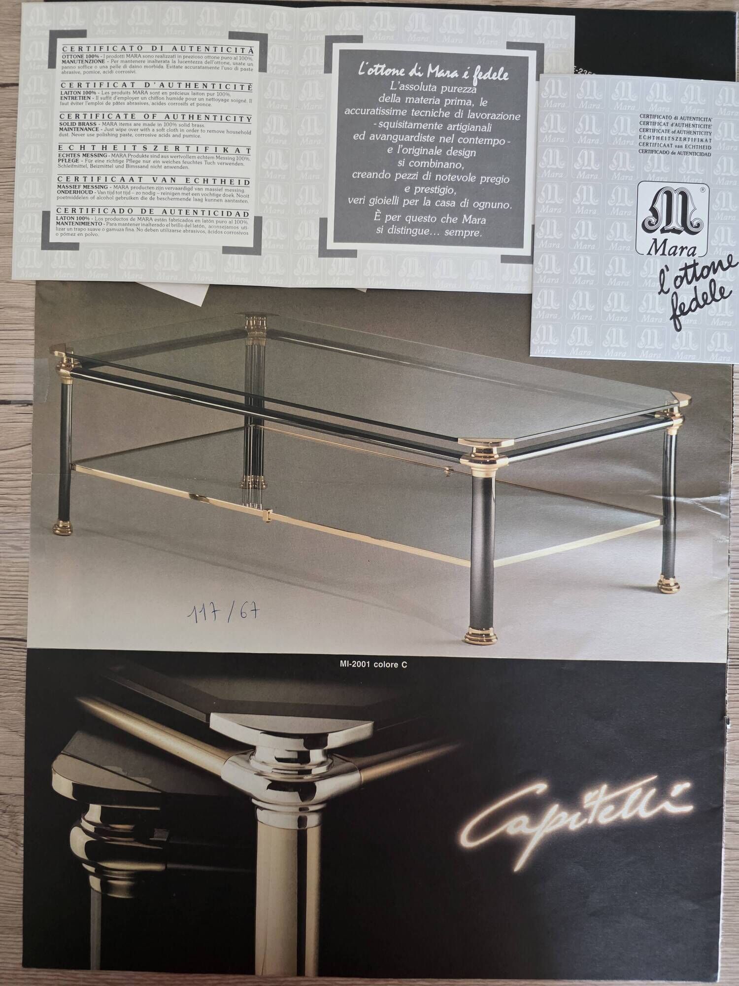 Italian coffee table Mara in brass and glass