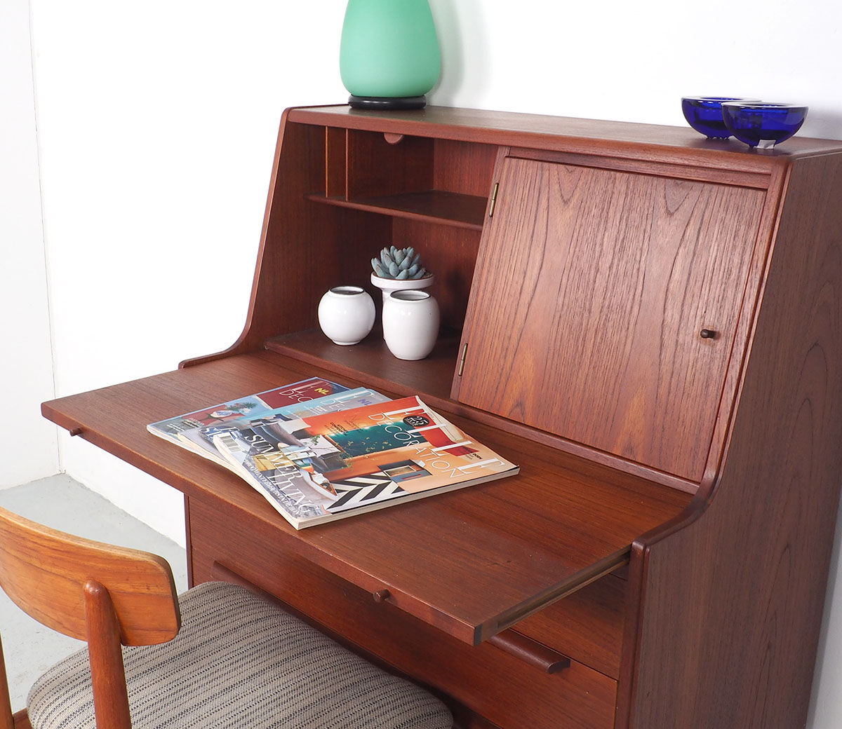 Danish teak secretaire with mirror and pull out desk, 1960s Danish teak secretaire with mirror