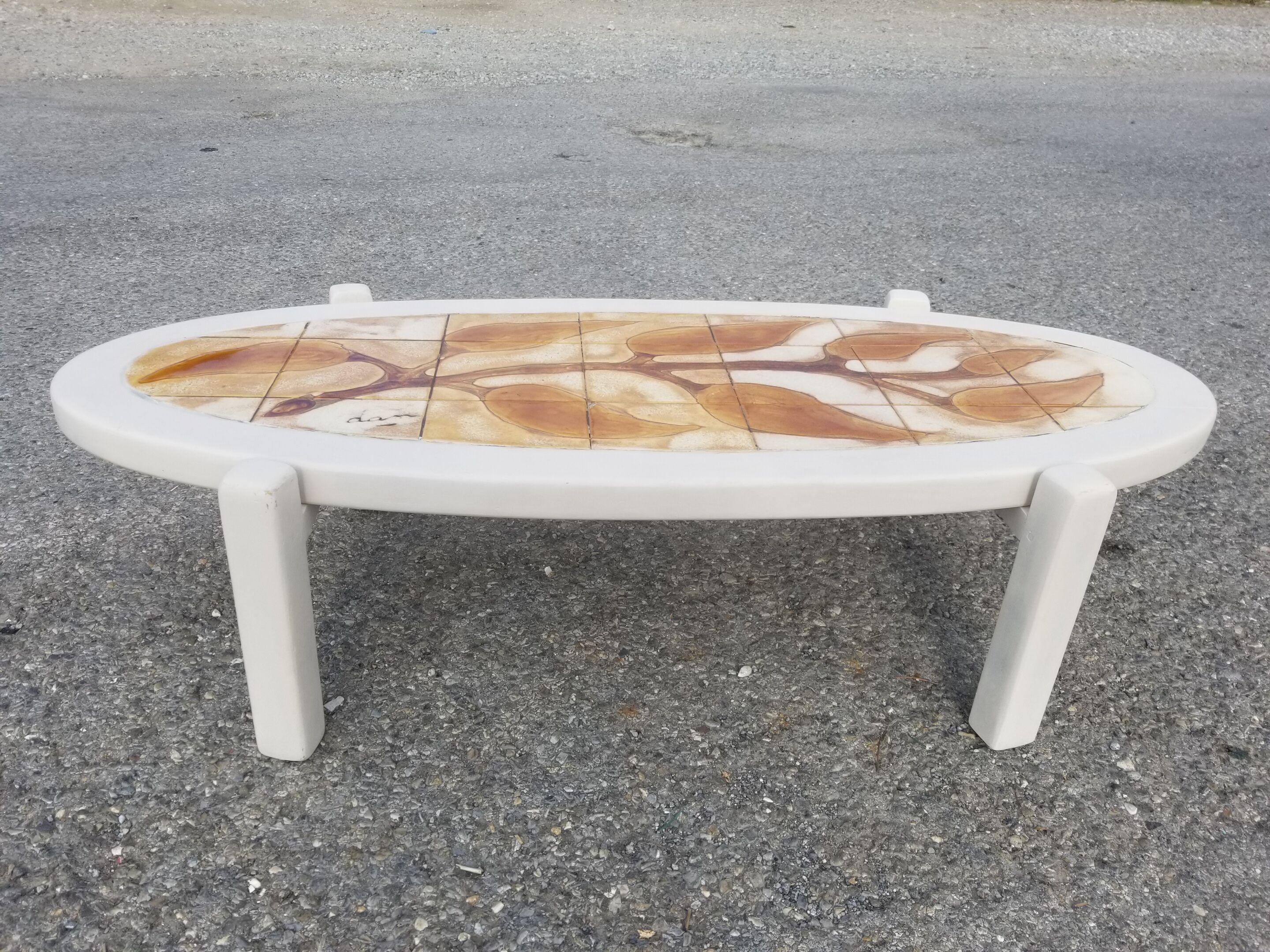 Vintage oval wooden and ceramic coffee table signed Dan - Vallauris