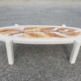 Vintage oval wooden and ceramic coffee table signed Dan - Vallauris
