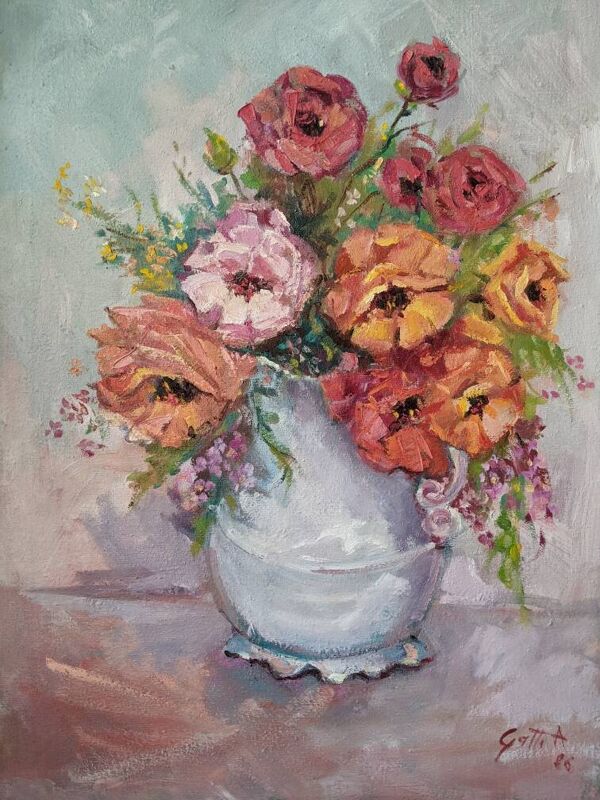 Acrylique sur toile nature morte contemporaine bouquet de fleurs bohème
