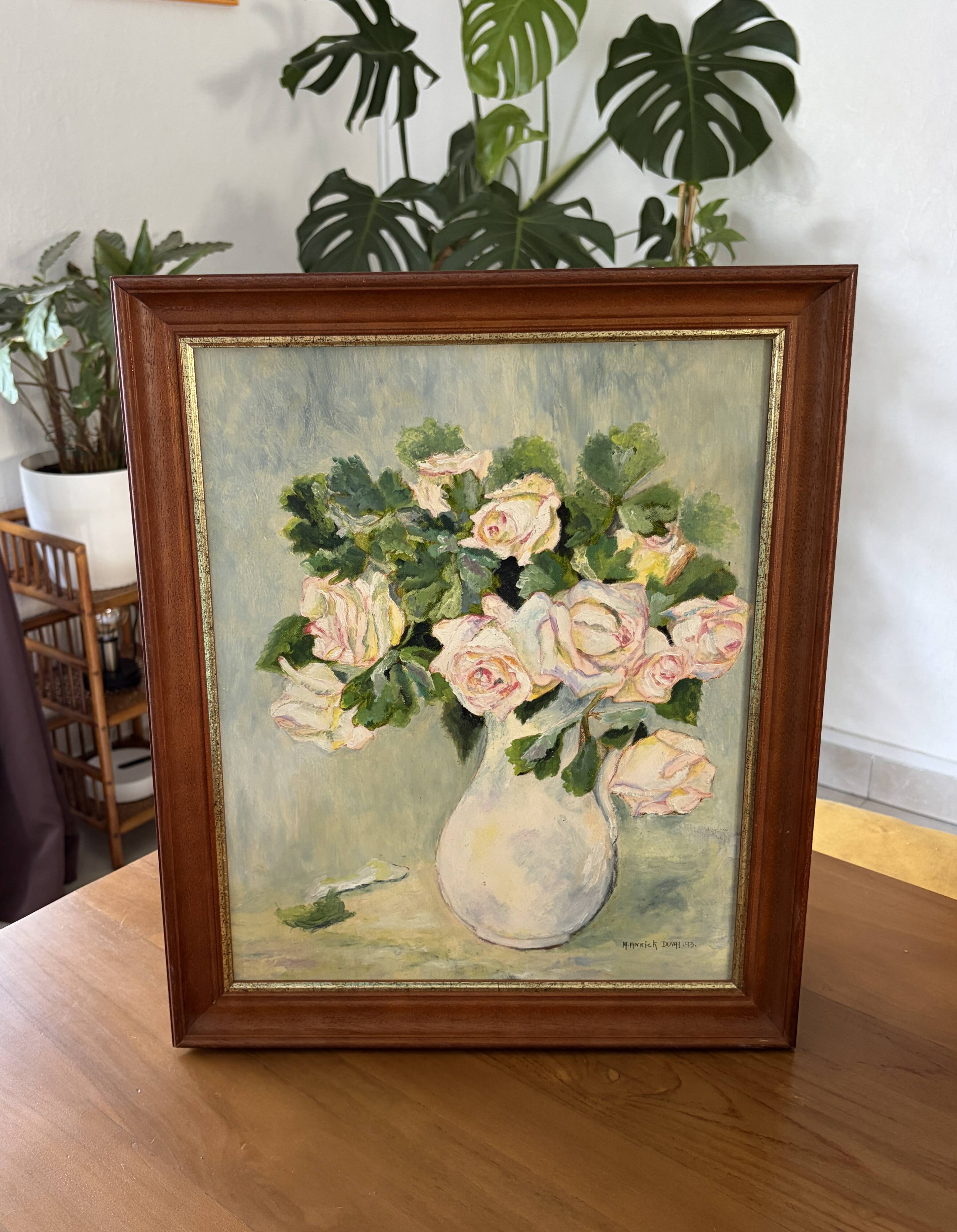Oil painting / vintage framed rose flowers